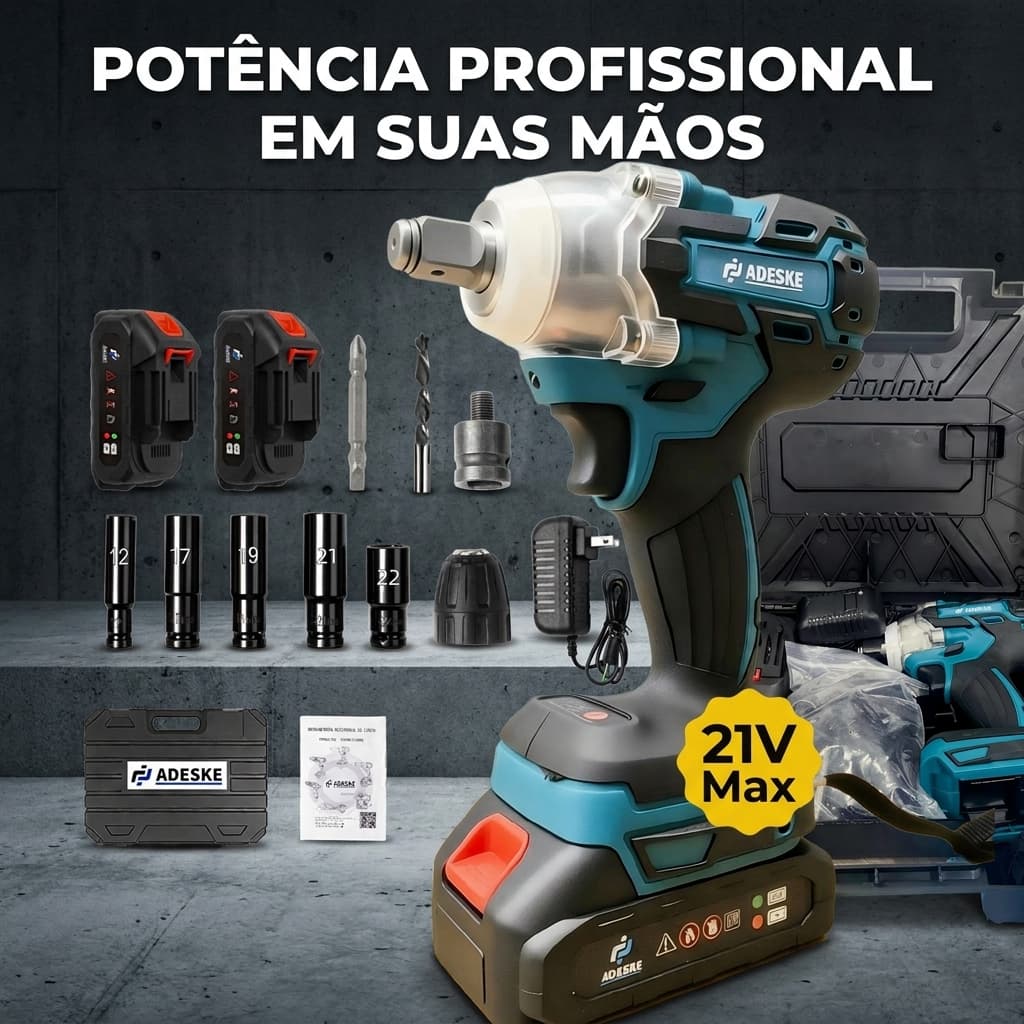 Chave de Impacto Elétrica Recarregável ADESKE 21V 2 Baterias Alto Torque 280Nm Bivolt Kit com Soquetes Brocas Maleta Tra