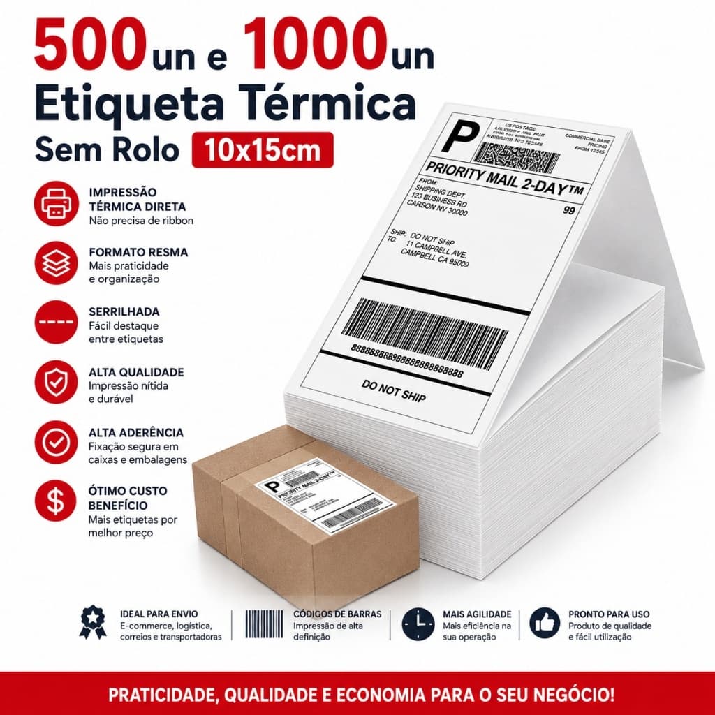 Etiqueta Térmica 10x15 Resma Serrilhada 500 ou 1000 Etiquetas Sem Rolo Papel Adesivo Continuo