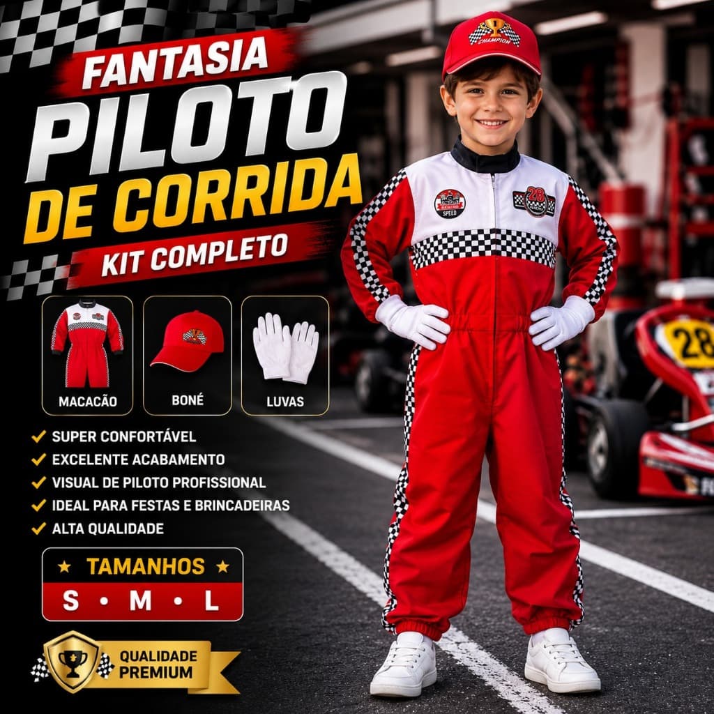 Fantasia Piloto de Corrida Infantil Completa Macacão Boné Luvas Cosplay Festa Tamanhos P ao G