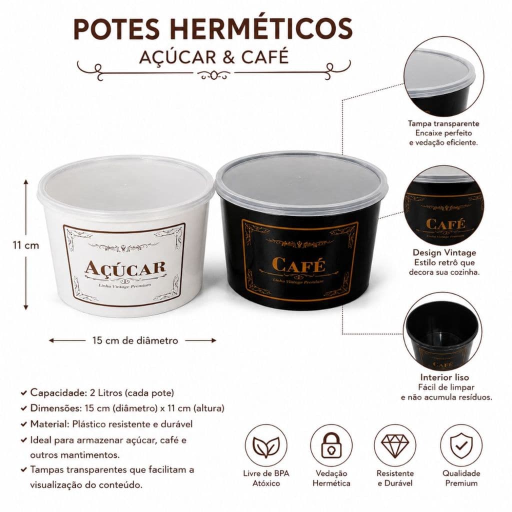 2 Potes Herméticos 2L Açúcar e Café Kit Organizador de Cozinha Tampa Transparente Plástico Resistente Jogo Mantimento