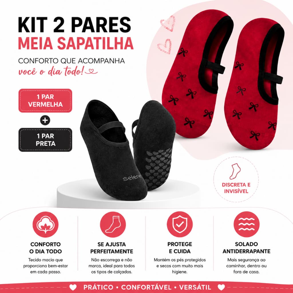 Kit 2 Pares Meia Sapatilha Selene Infantil Ref 2950 Antiderrapante Meninas Conforto e Maciez