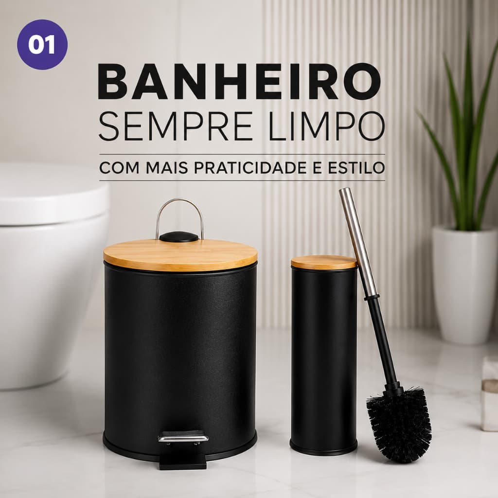 Kit Lixeira 5L com Pedal + Escova Sanitária Preta Tampa Bambu Banheiro Moderno 3 Opções Banheiro