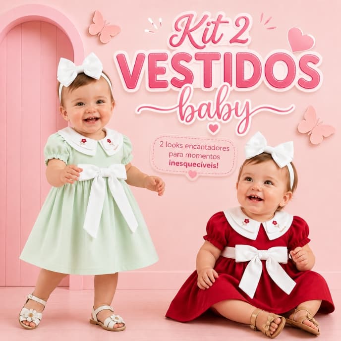 Kit 2 vestidos vermelho + verde infantil para meninas bordado quatro golas com laço de amarrar