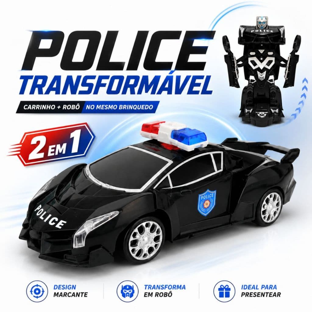Carrinho Venom Transformes Robô Polícia 2 em 1 Bate volta Gira 360 Infantil Automático com Luz e Som