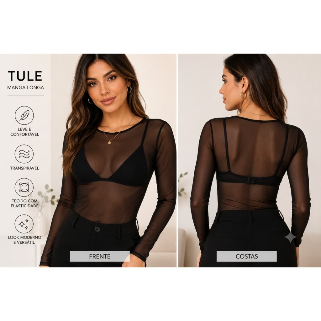 Blusa Tule Feminina Manga Longa Transparente Segunda Pele Elegante Sofisticada Moda