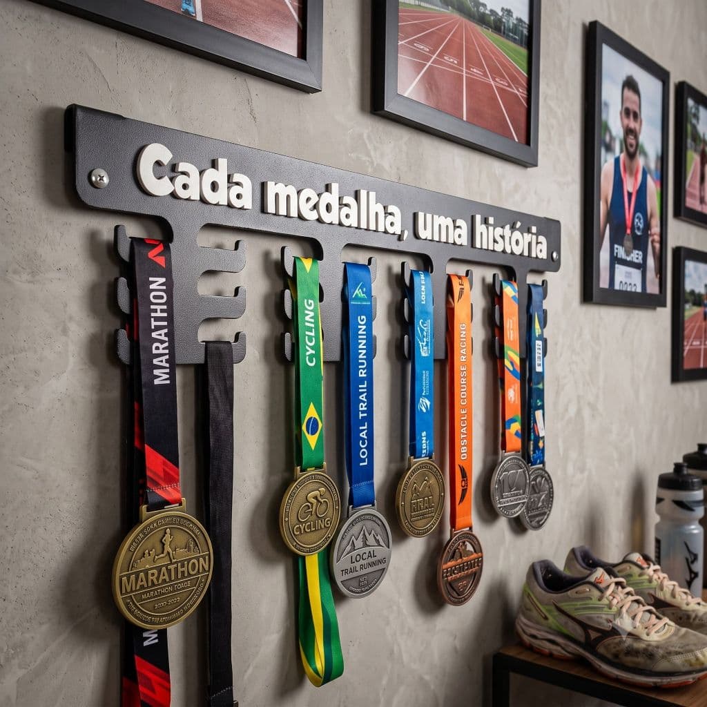 Porta Medalhas de Parede MDF Frase Cada Medalha Uma História