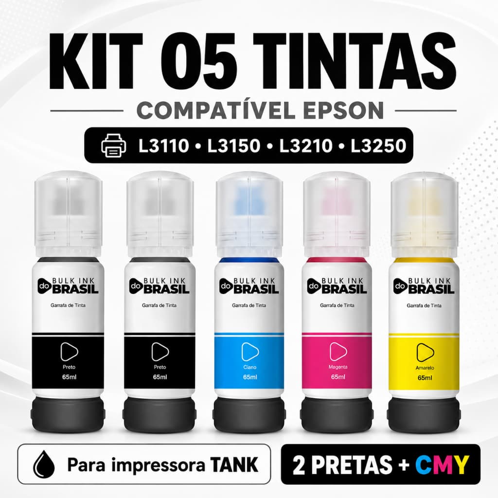 Kit 05 Tintas Compatível Impressoras Epson L3110 L3150 L3210 L3250 BK C Y M
