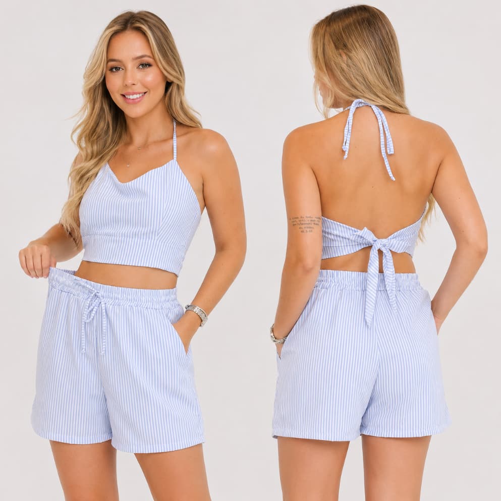 Conjunto Feminino Blusa Top Alcinha Amarração e Short com Bolso Listrado