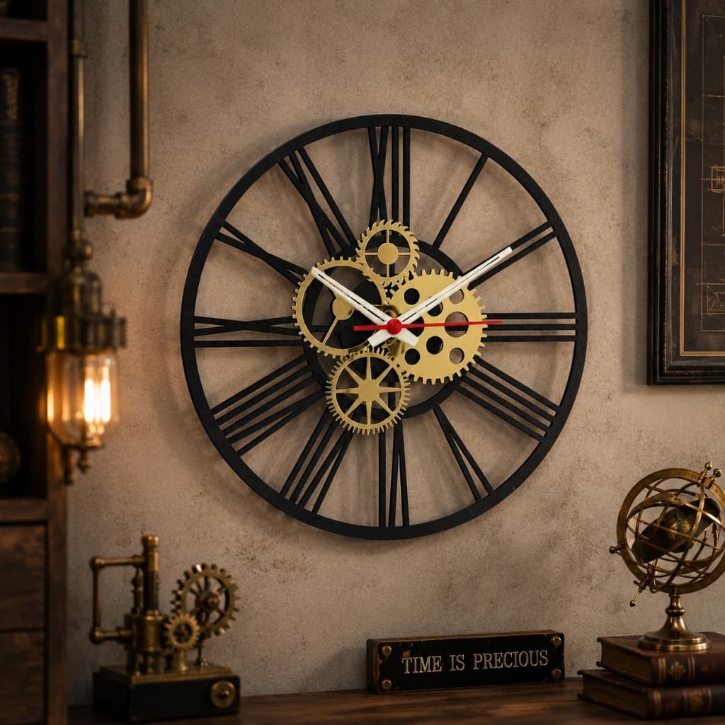 Relógio de Parede Decorativo Engrenagens 30x30cm Estilo Industrial Vintage Relógio Analógico