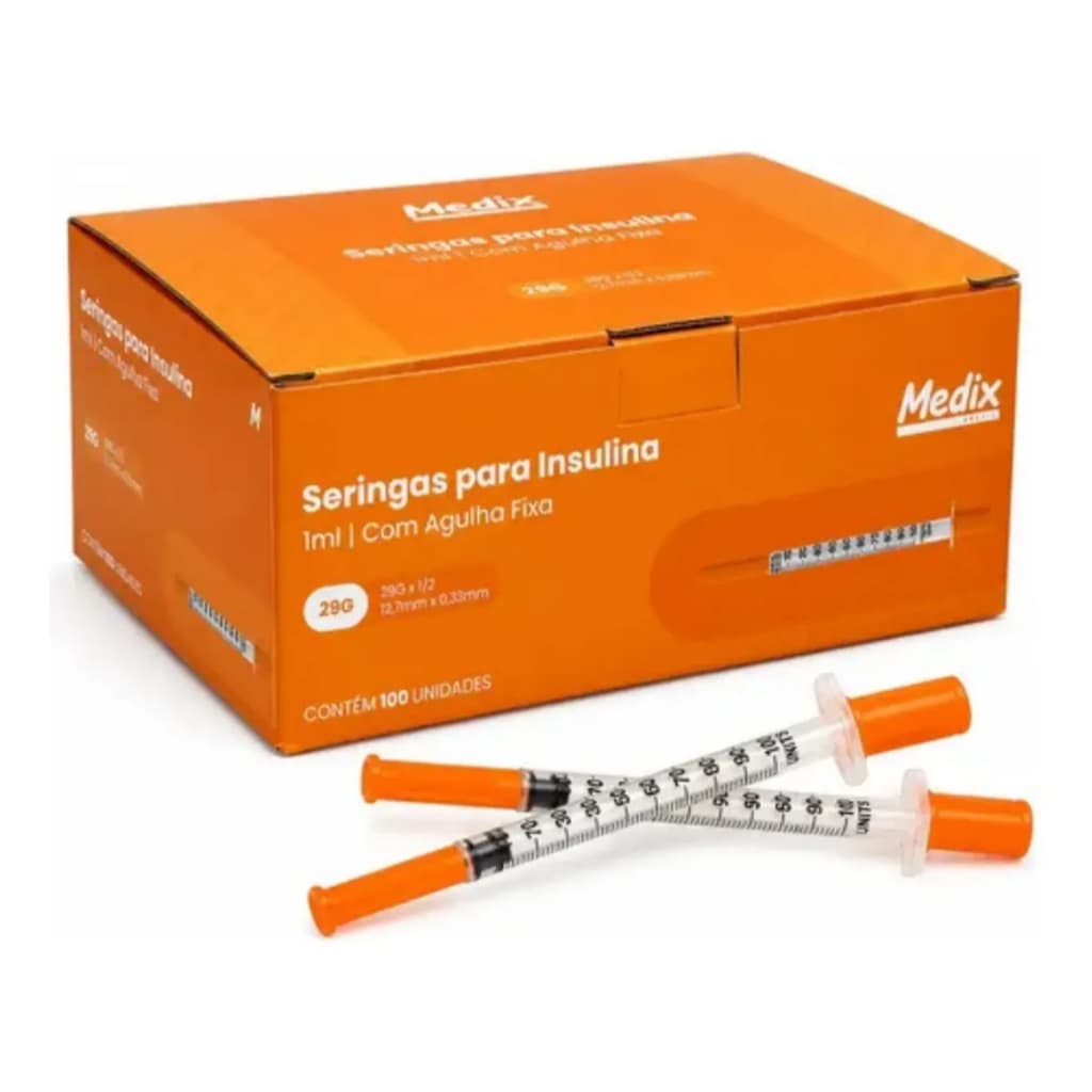 10 Seringas De Insulina 1ml (100ui) agulha fixa 12,7mmx0,33mm Longa - Blister Individual - Medix