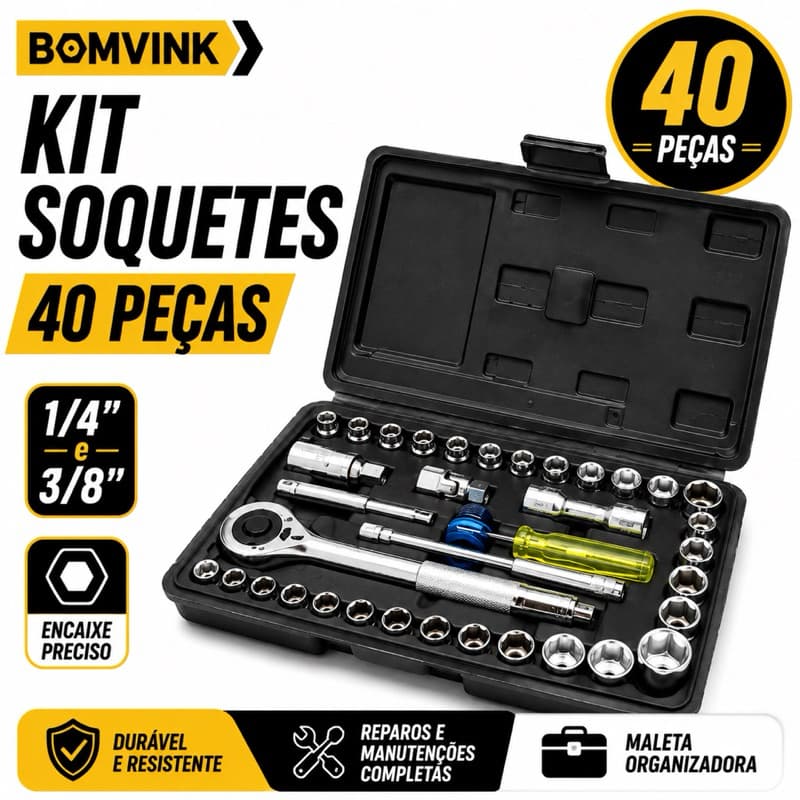 Jogo de Soquete 40 Peças com Catraca Kit Ferramentas Completo Automotivo Profissional