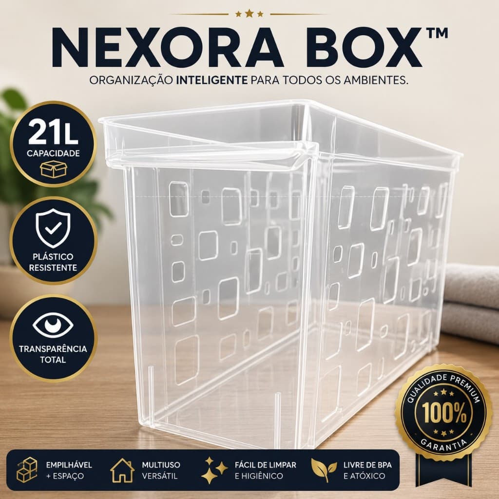 Nexora Box™ Caixa Organizadora Transparente 21L Multiuso Empilhável Plástico Resistente para Armário, Closet, Escritório