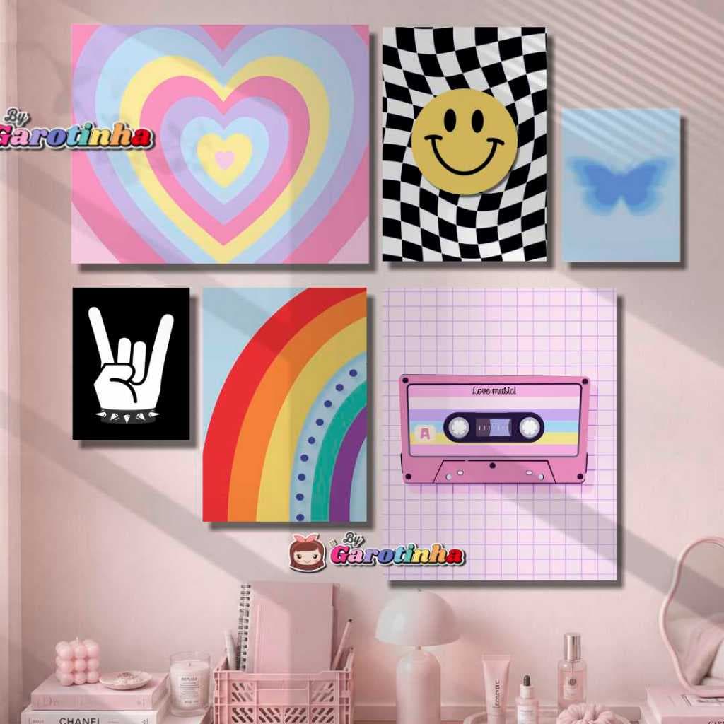 Kit com 6 Quadros Decorativos Pinterest Kawaii VSCO Aesthetic para Decoração de Quarto Parede Casa