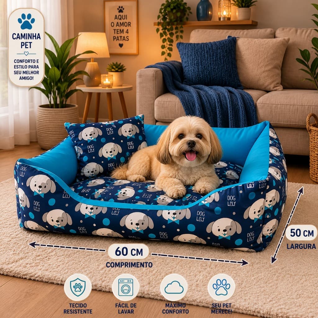 Cama para Pet DOG SILICONIZADA Caminha de Cachorro/Gato Médio 60 x 50 LUXO Lavável +  travesseirinho