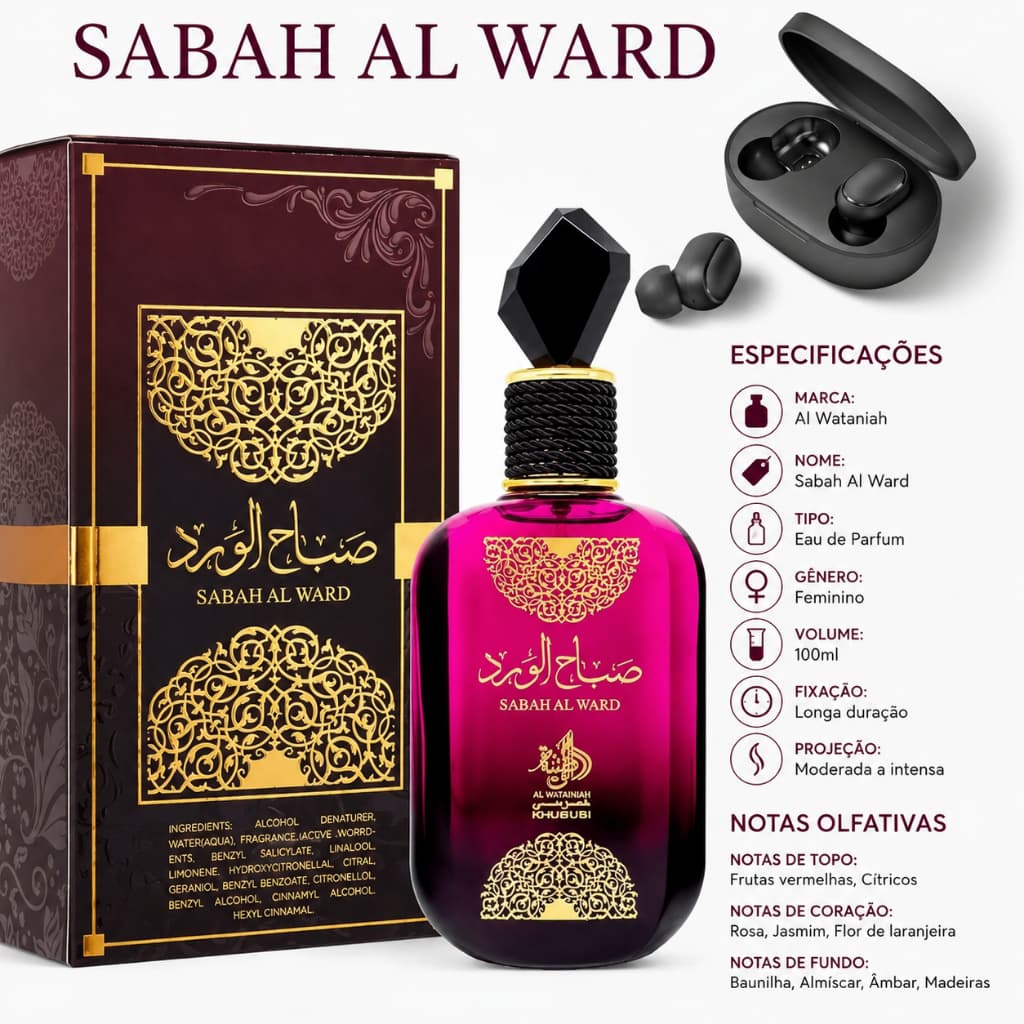 Perfume Sabah Al Ward Original 100ml Importado + Fone Bluetooth Sem Fio Kit Presente Feminino Pronta Entrega