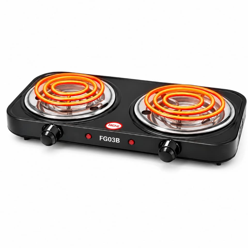 Fogão Fogareiro Elétrico 2000W Portátil Modelo Espiral Camping em Inox 2 Bocas Cooktop 5 Temperaturas Qualquer Panela