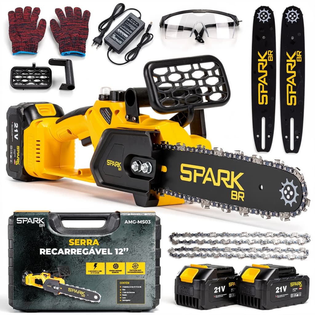 Motosserra Elétrica 12 Polegadas 21V Portátil 2 Baterias 3000mAh Recarregável 4800 RPM Spark BR