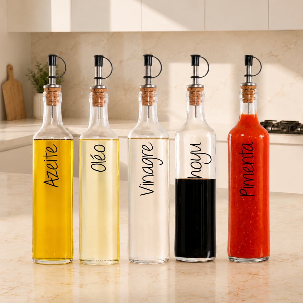 Galheteiro de Vidro 500ml com Dosador e Adesivo para Azeite Óleo Vinagre Shoyu Pimenta Molhos