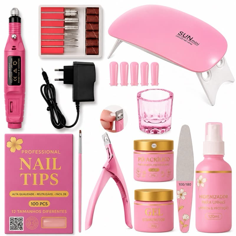 Kit Unha de Gel Completo Manicure Iniciante Básico Cabine Lixadeira Caneta Polygel Alicate Cortador de Unhas Tips