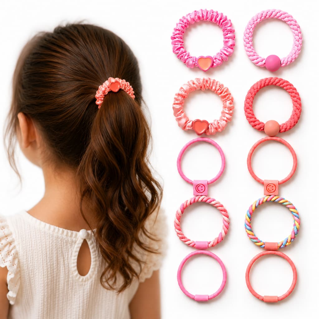 Kit 10 Elásticos de Cabelo Infantil Menina Xuxinhas Decoradas Rabicó Rosa E Coral Estilo Coreano