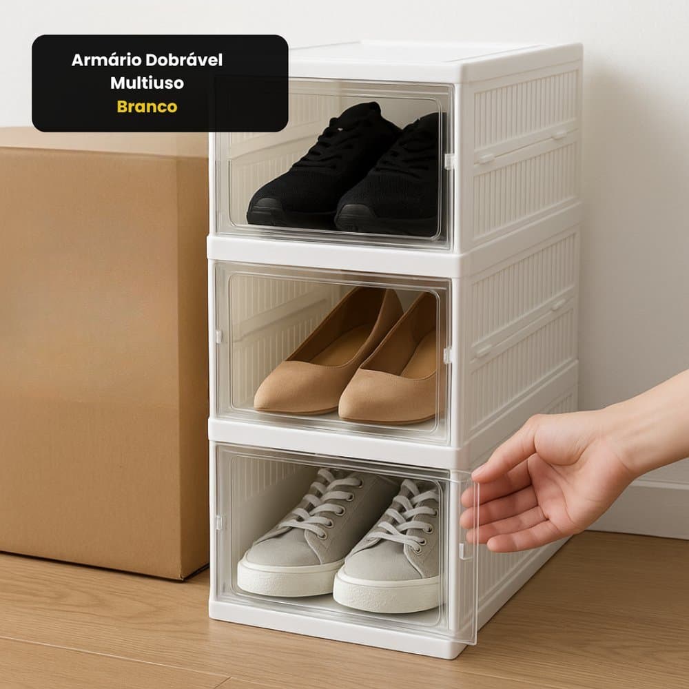 Armário Dobrável Multiuso 3 Compartimentos Organizador Vertical Branco com Portas para Quarto Cozinha Lavanderia