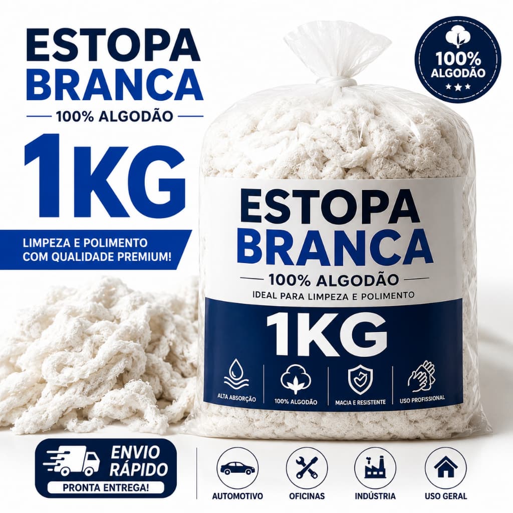 Estopa Branca 1Kg Premium 100% Algodão Limpeza Oficina Mecânica e Indústria