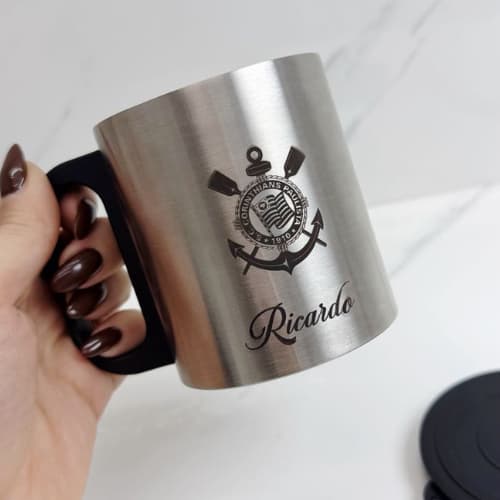 Caneca Inox Personalizada 180ml Com Tampa Gravação Laser Logo Nome Time