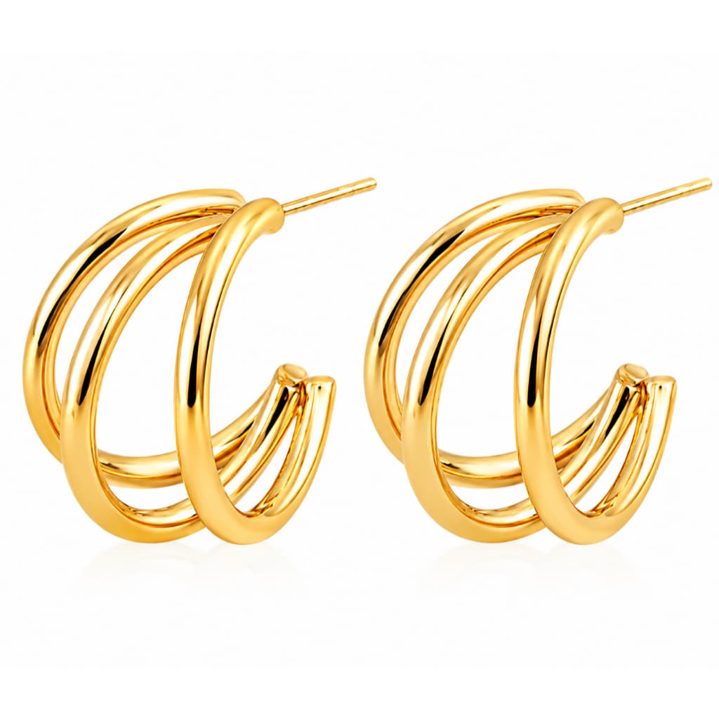 Brinco Argola Três Fios Lisa Feminino Aço Inoxidável Folheado Ouro 18K