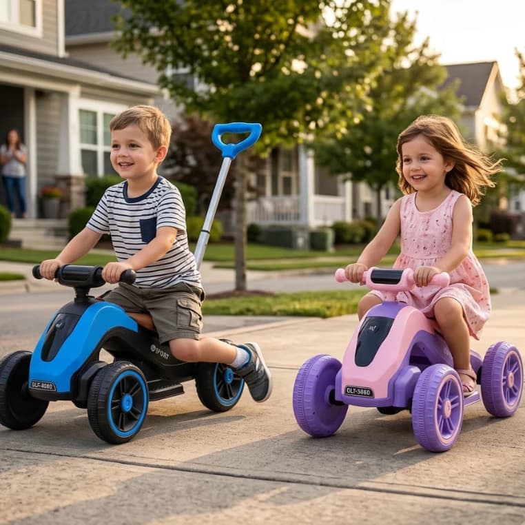 Moto  Motoca Quadriciclo Infantil Elétrica  6V Recarregável  Haste Empurrador Apoio de pé Roxa Azul