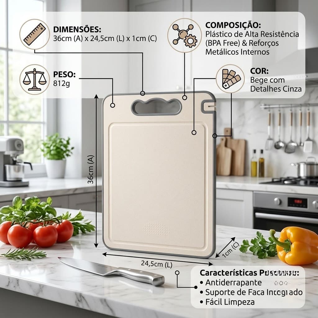 Tábua De Corte 36cm Multiuso Higiênica Para Carne Legumes Cozinha Bege