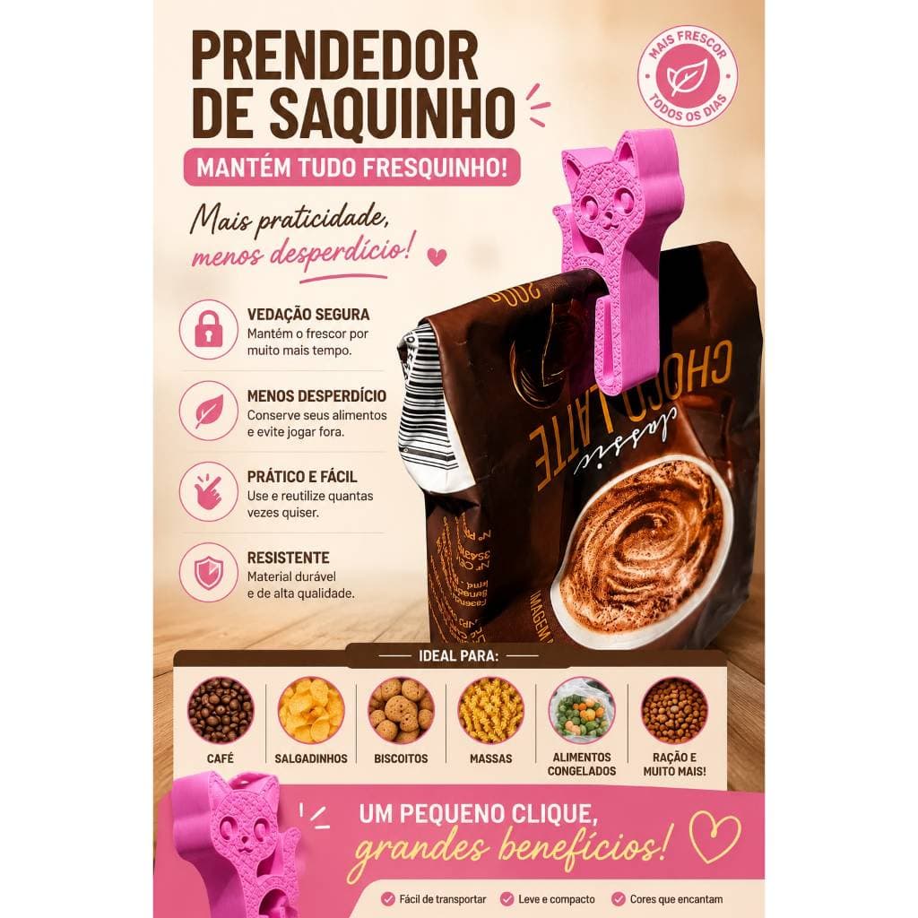 Prendedor de Saquinhos Multiuso Fecha Embalagens para Cozinha Organizador de Alimentos