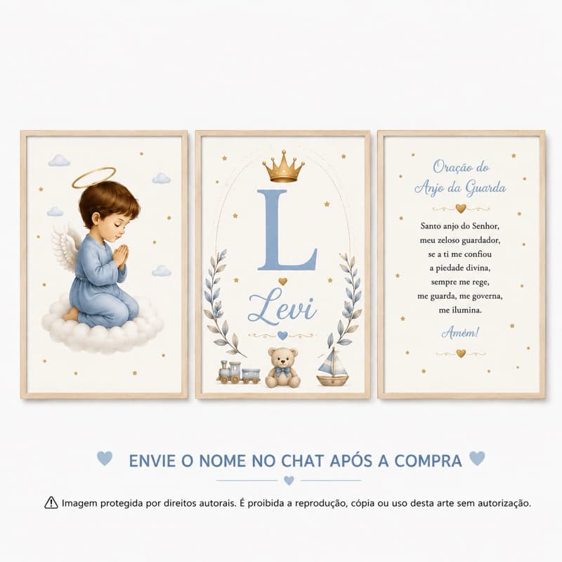 Quadro Infantil Anjo da Guarda Personalizado Nome e Inicial Kit 3 Peças Menino