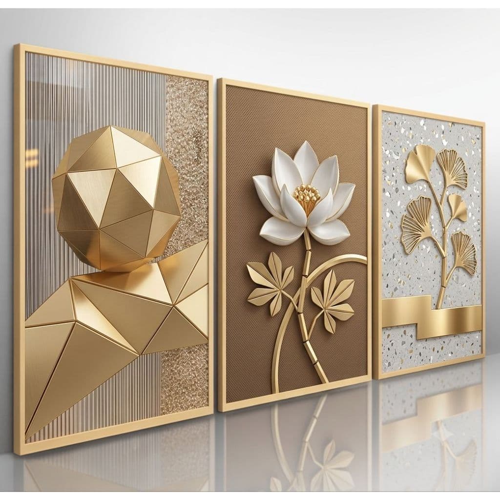 Quadros Decorativos Abstrato Floral Dourado Branco Elegante Moderno Luxo Kit 3 Peças Sala Quarto