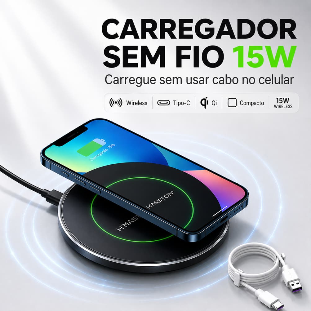 Carregador Por Indução Sem Fio Wireless 15W Qi Rápido Tipo C Wireless Turbo Rápido para iPhone  Samsung Hmaston YD-27