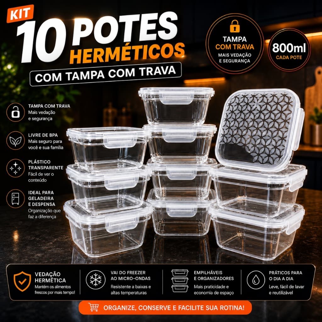 Kit até 10 Potes Herméticos Com Travas 800ml Plástico Transparente