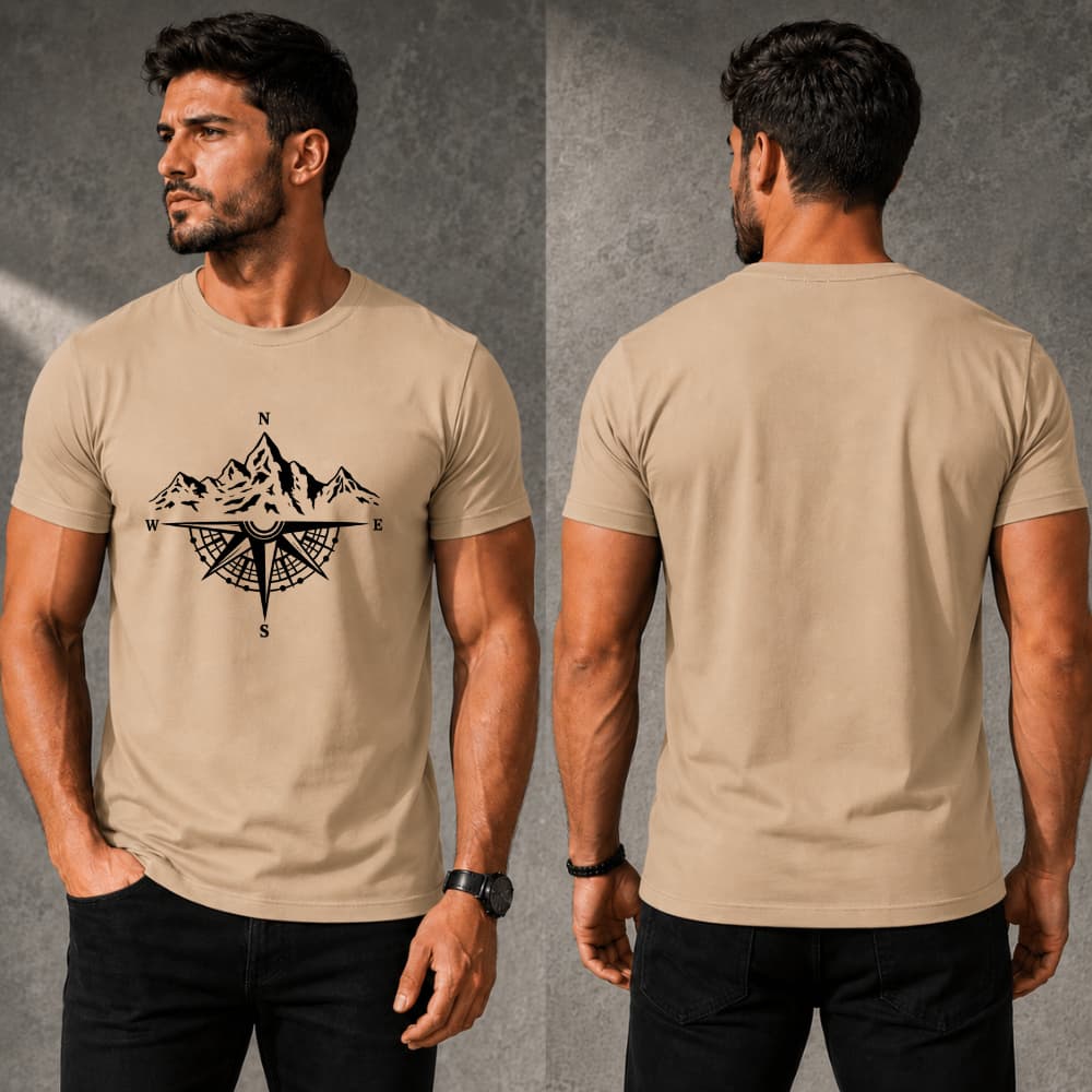 Camiseta Masculina Adventure Estampa Montanhas Bússola 100% Algodão Casual