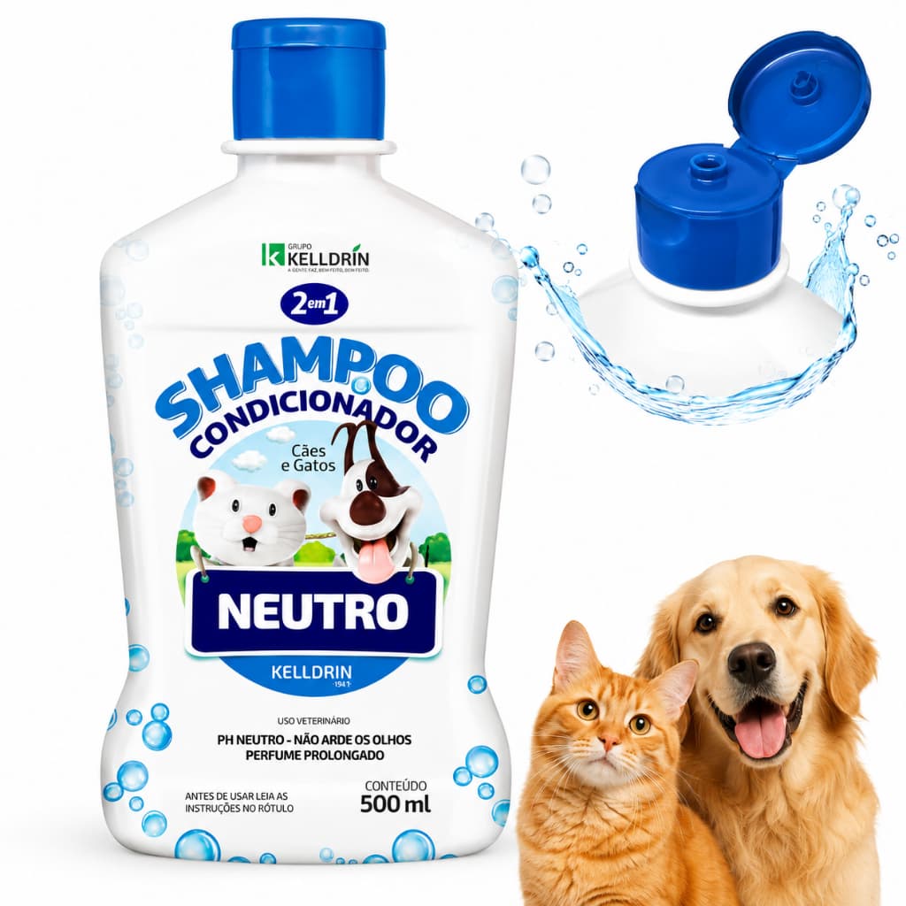 Shampoo Condicionador 2 em 1 Pet Kiss Neutro 500ml Cães Gatos Banho Pet Pelos Macios