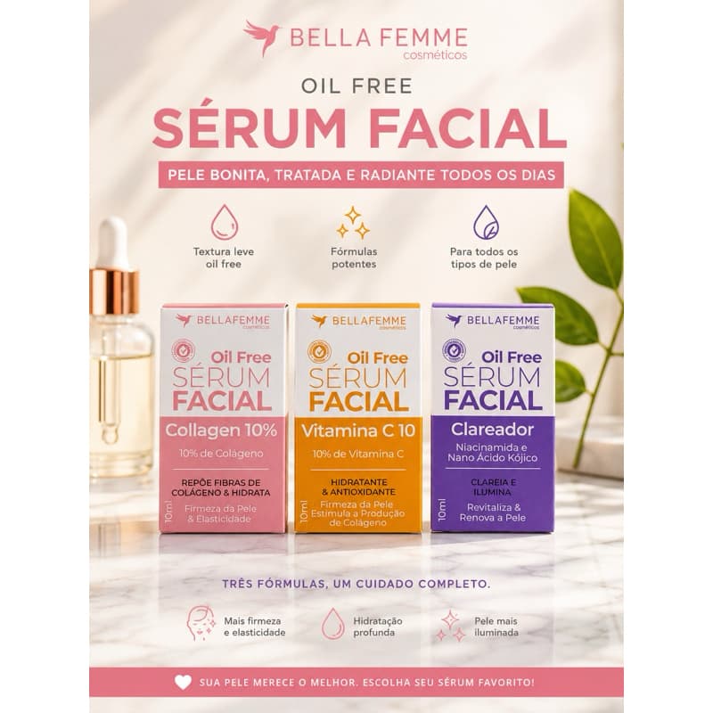 Séruns Faciais Bella Femme Oil Free Colágeno Vitamina C Clareador 10ml