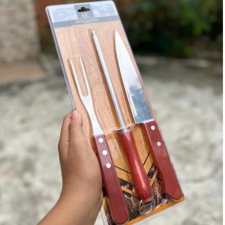 Kit Churrasco 3 Peças Faca Garfo Chaira Amolador Facas Inox Cabo Madeira Imperdível Dia dos pais