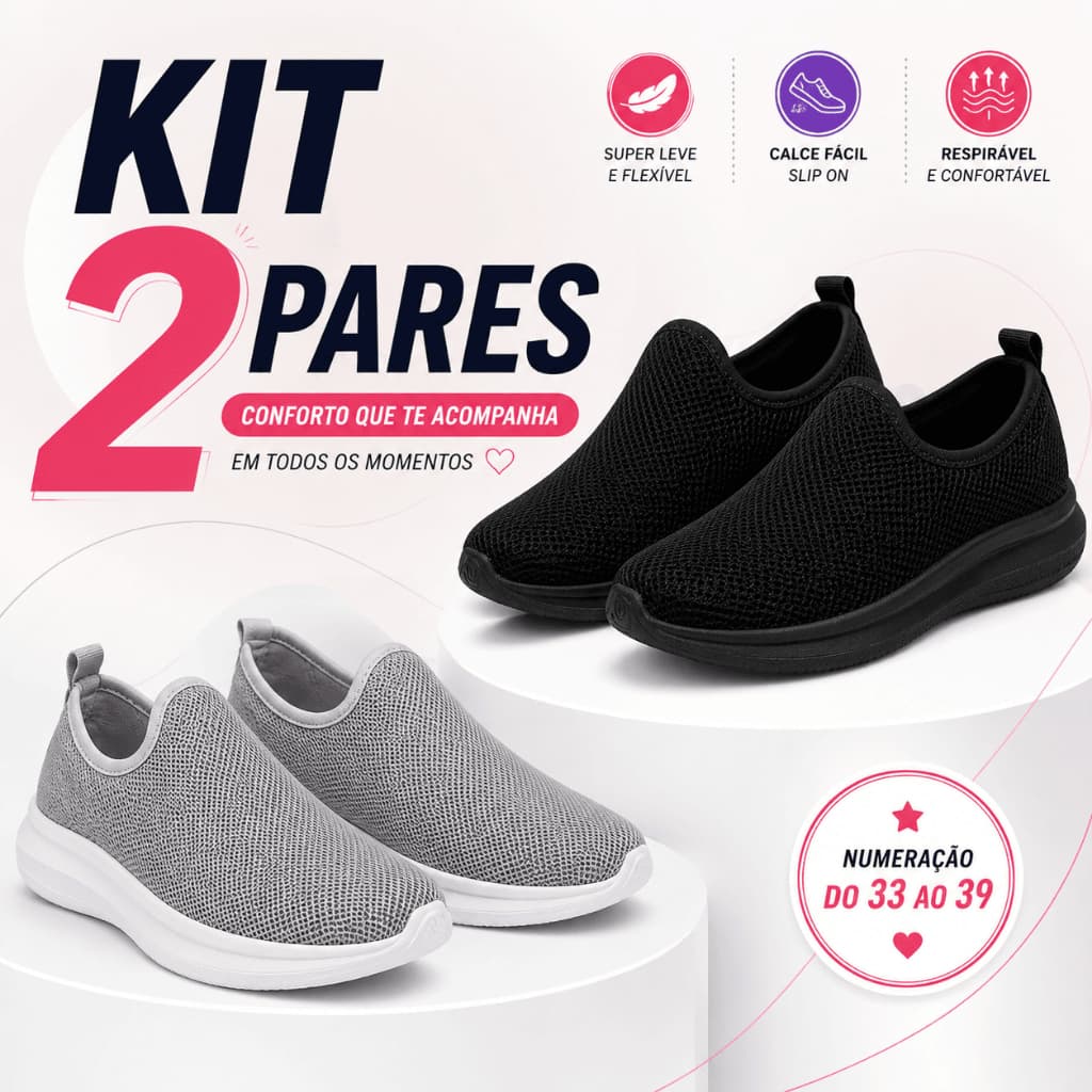 Kit 2 Pares Tênis Feminino 33-39 Tipo Meia Confortável Sem Cadarço Leve Trabalho Caminhada Antiderrapante