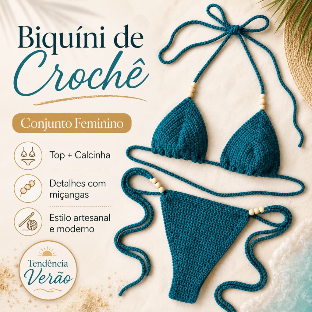 Biquíni Feminino de Crochê Artesanal Top Cortininha Calcinha Amarração com Miçangas Moda Praia