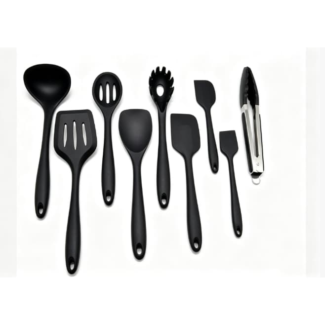 Kit 10 peças utensílios de cozinha em silicone monobloco, modelo integrado, resistente e funcional.