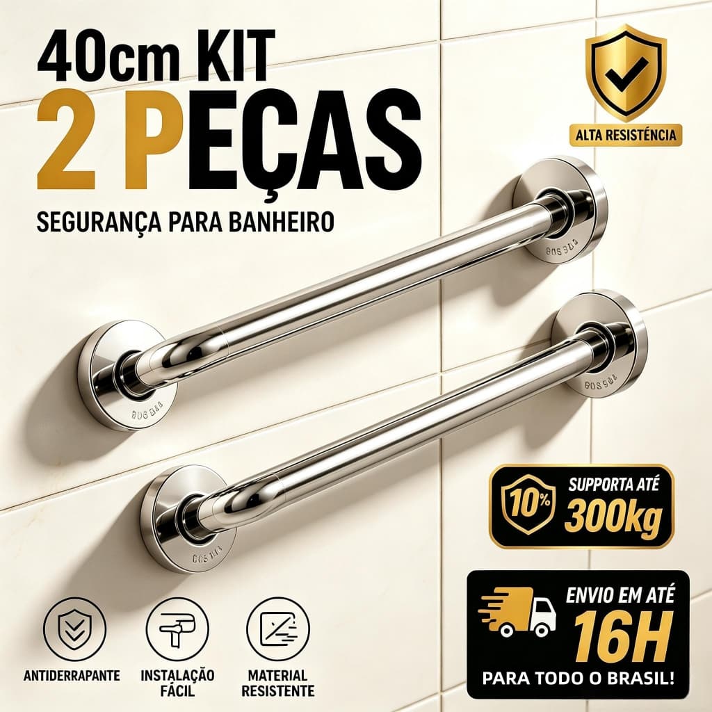 Kit 2 Barras de Apoio 40cm Inox 304 – Suporta 250kg, Antiderrapante, para Banheiro, Idosos e PCD S2