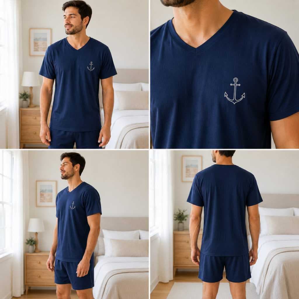 Pijama Masculino Verão Adulto Camiseta Gola V e Bermuda em Suede Premium Conforto Total