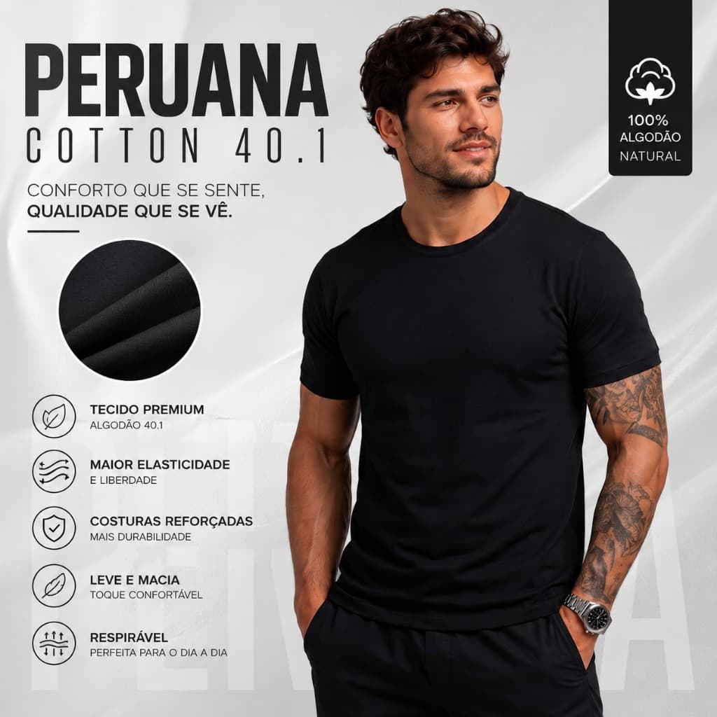 Camiseta Peruana Masculina Cotton 40.1 Premium Algodão Básica Gola Canelada Confortável