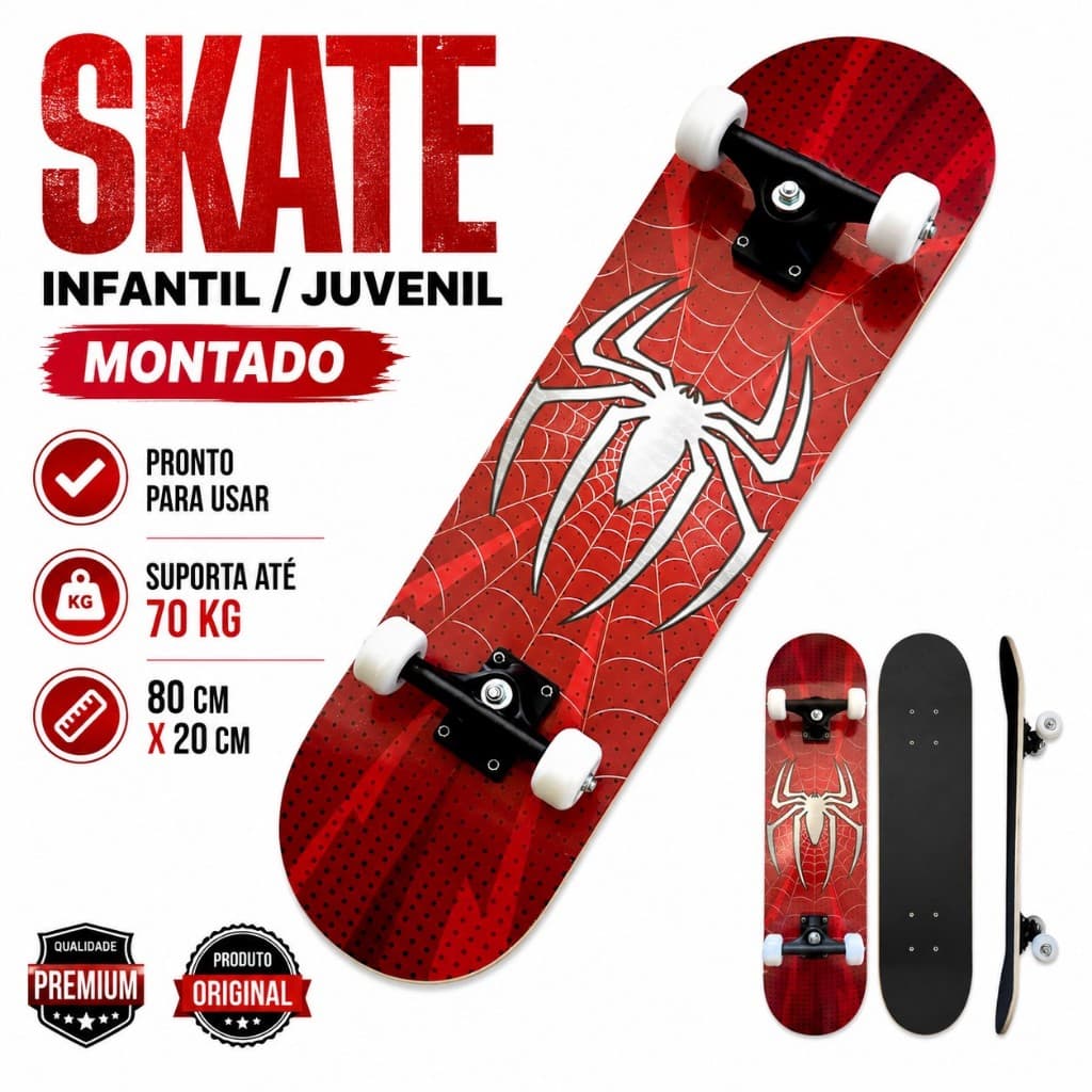 Skate Infantil Completo Vermelho Aranha semi profissional suporta até 70kg