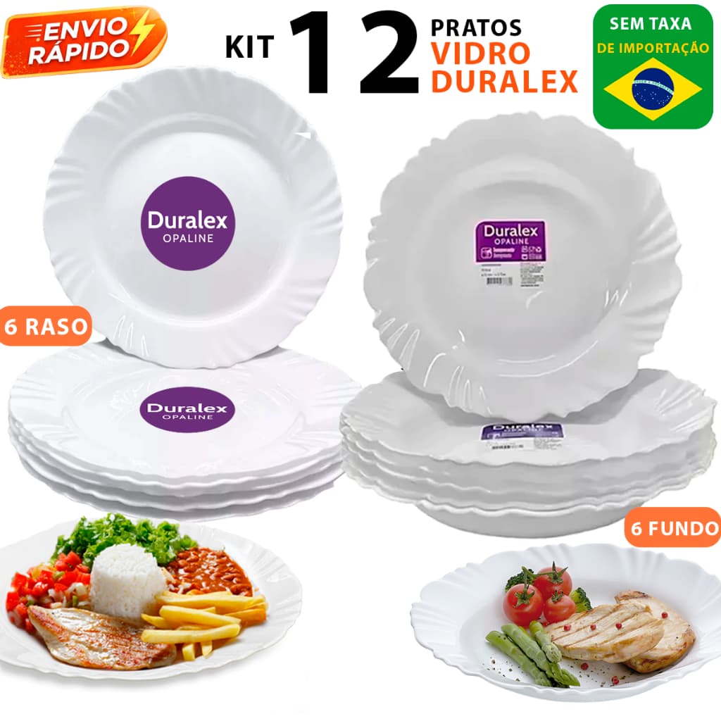Kit 12 jogo 6 Prato Pétala Fundo e 6 Prato Raso Nadir branco Opaline Jantar Duralex Resistente