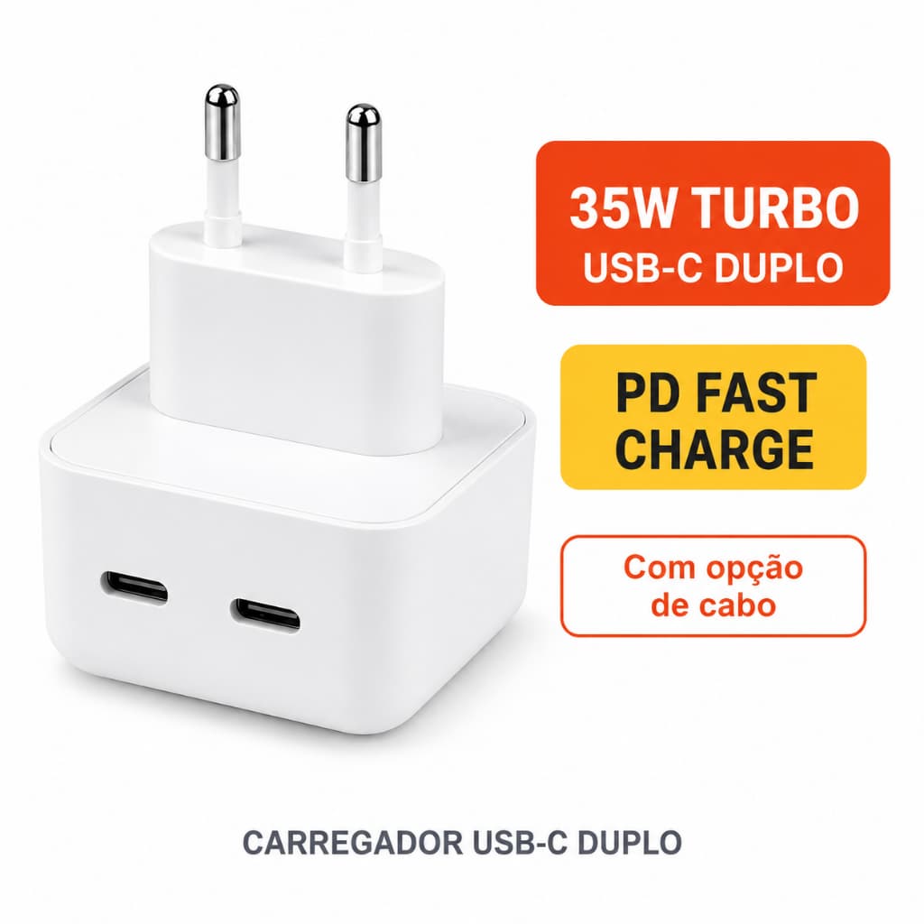 Carregador Turbo 35W USB C Duplo Tipo C PD Carregamento Rápido para iPhone Samsung Xiaomi Android