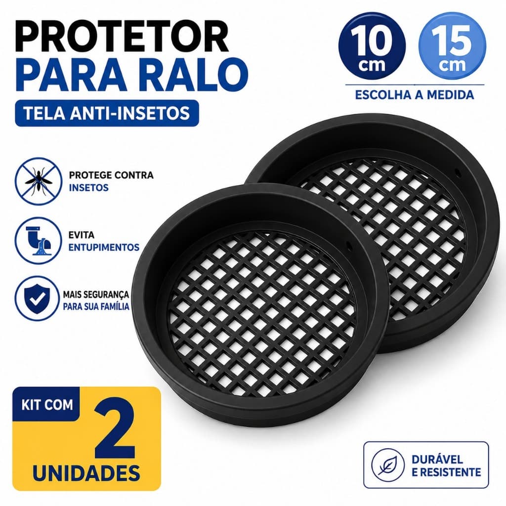 Kit 2 Tela Ralo Protetor Contra Escorpião Dengue e Barata 10cm ou 15cm Preto