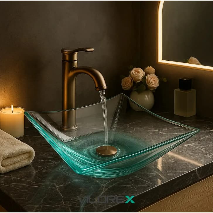 Cuba Vildrex Quadrada 34x34cm Vidro Banheiro Lavabo Moderna Acabamento Brilhante Cor Incolor